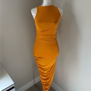 ZARA Sleeveless Mustard Orange Ruched Midi Dress